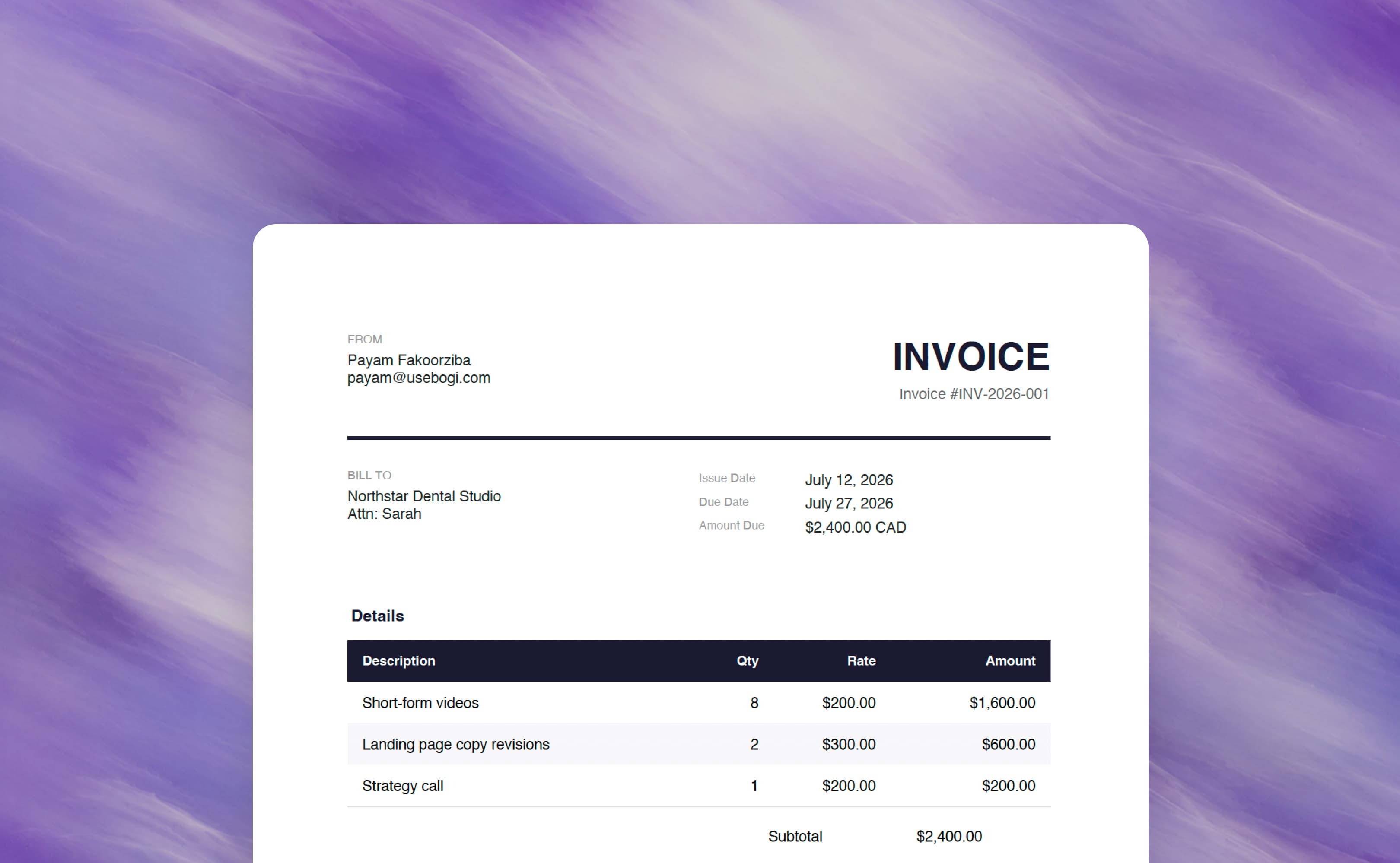 An invoice created by Bogi for Northstar Dental Studio